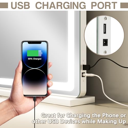 ROLOVE Vanity Mirror with Lights, 32" x 22" Large Lighted Vanity Mirror with Dimmable 3 Modes, LED Makeup Mirror, Touch Screen Control, USB Charging Port, Tabletop or Wall-Mounted