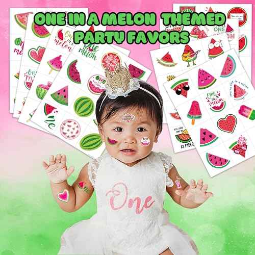 Melon Pre-Cut Temporary Tattoos 8 Sheets 96PCS Watermelon One First Party Decorations Supplies Favors First Summer Theme Birthday Stickers Christmas Gifts for Boys Girls Class School Prizes Carnival