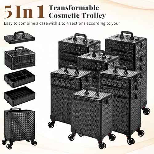 AROUS 5 in 1 Rolling Makeup Train Case Cosmetology Case on Wheels Large Cosmetic Organizer Travel Cart for Hairstylist Artist Nail Beauty Salon Barber,Black