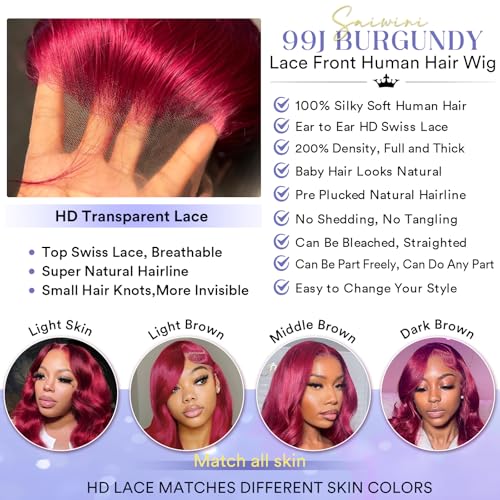 24 Inch 99j Burgundy Lace Front Wigs Human Hair 13x4 HD Red Burgundy Body Wave Wig Human Hair 200 Density Body Wave Lace Front Wigs Pre Plucked Glueless Frontal Wigs for Women