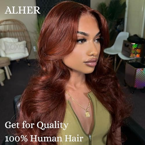 ALHER #33 Reddish Brown Body Wave 13x4 Lace Frontal Human Hair 20 Inch, Copper Brown Auburn Colored HD Transparent Lace Frontal Closure Ear to Ear 100% Virgin Remy Human Hair 150% Density