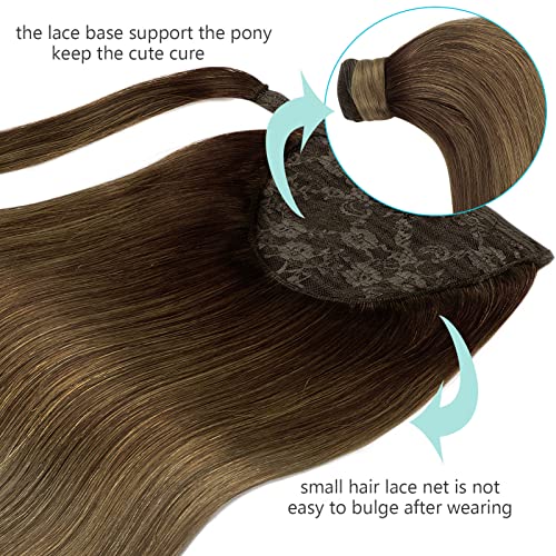 Long Ponytail Extension Human Hair Balayage Ponytail Hair Extensions Natural Wrap Around Clip on Ponytails for Women with Magic Paste 20 Inch 90g Ombre Darker Brown Mix Light Brown to Light Brown