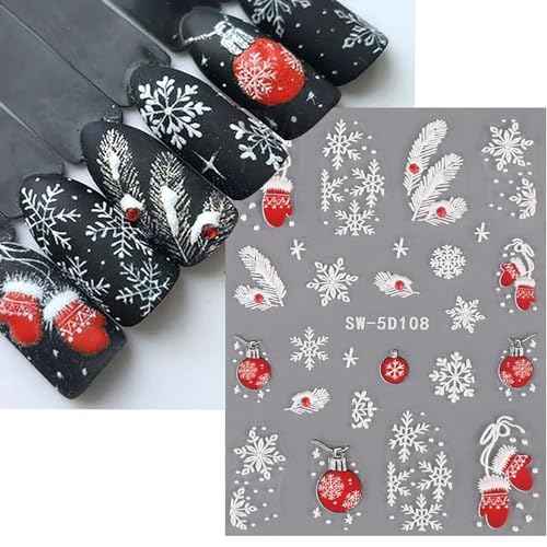 Christmas Nail Stickers Snowflake Nail Decals 5D Exquisite Embossed Nail Art Supplies Christmas Bells Gloves Feather Design Self-Adhesive Nail Art Stickers Xmas Nail Decoration for Women, 3 Sheets
