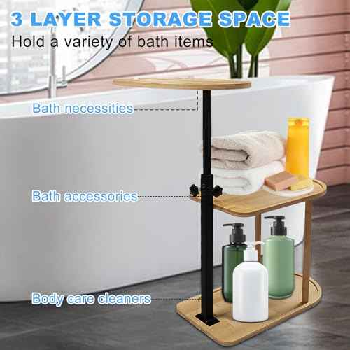 3 Layer Bath Tub Tray Table Liftable Freestanding Bamboo Bath Tray Caddy for Tub Against Wall Shelf Bathroom Organizer Shelf for Luxury Spa, Home Spa Bathtub Accessories