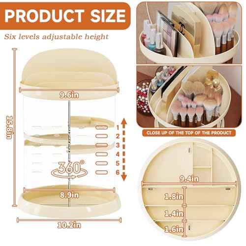 Beige 360 Rotating Makeup Organizer for Vanity - 6 Tier Adjustable Spinning Bathroom Counter Cosmetic Display Cases and Makeup Holder for Palette,Eyeshadow,Brush,Cologne Organizer