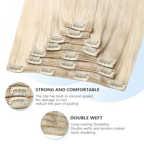 COOKAYU Real Human Hair Clip in Hair Extensions, Remy Hair Clip in Hair Extensions, Platinum Blonde Hair Thick Silky Straight Real Human Hair, 16inch 120g 7Pcs