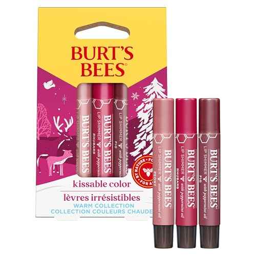 Burt's Bees Shimmer Lip Tint Stocking Stuffers Set, Tinted Lip Balm, Moisturizing for All Day Hydration with Natural Glowy Pigmented Finish & Buildable Color, Kissable Color, Warm Collection (3-Pack)