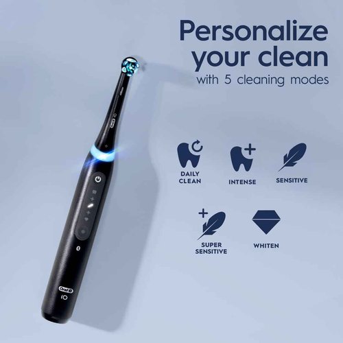 Oral-B iO Series 5 Rechargeable Electric Toothbrush with Visible Pressure Sensor to Protect Gums, 2 Minute Timer, 5 Cleaning Settings, 1 Replacement Toothbrush Heads, and Travel Case, White