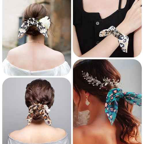 4 Pcs Leopard Hair Scarf Scrunchies Bow Scrunchie For Women Hair Ribbon Bow Scrunchies Long Elastic Hair Bands Rope Scrunchy Soft Ponytail Holders for Women Girls