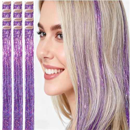Hair Tinsel Clip in Purple Fairy Hair for Girls for Party Cosplay Christmas New Year Gift (24 Inch Pack of 12Pcs, Deep Purple)