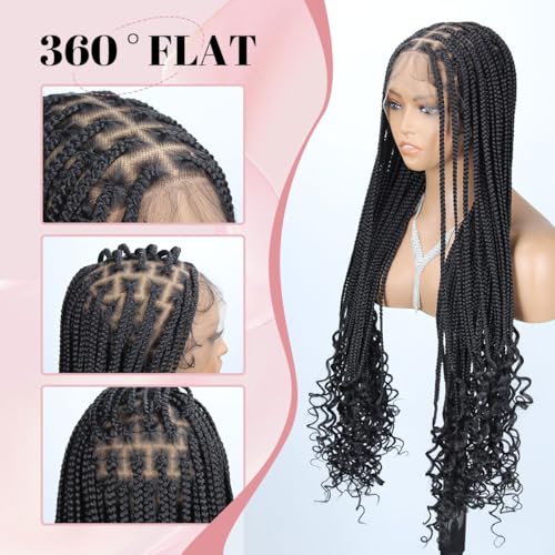 Box Braided Wigs curly ends 32 inch 13X8 Lace Braid Wigs for Black Women Square Knotless Box Braid Wig with Baby Hair Handmade Synthetic Hair Blended Lace Front Wig Natural Black