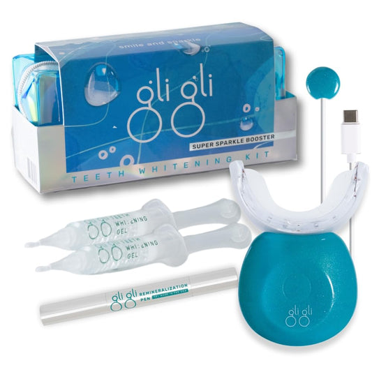 gli gli Super Sparkle Booster Teeth Whitening Kit - 2 x 5ml Hydrogen Peroxide 6% Whitening Gel Syringes - Includes Rechargeable LED Whitening Device & Remineralization Pen - 10 to 15 Days Treatment