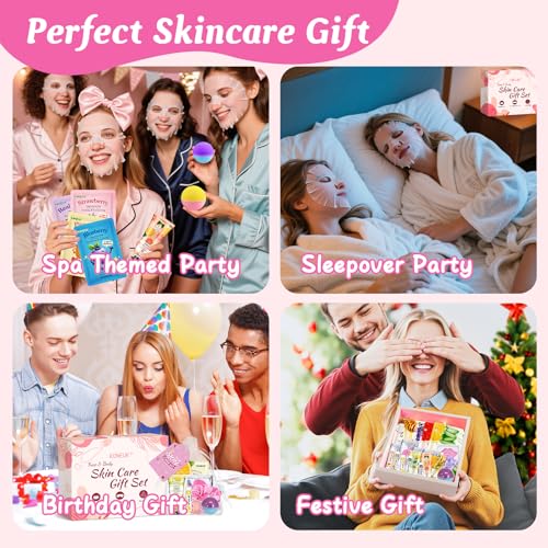 60PCS Spa Party Supplies for Girls, Include Face Masks, Hand Cream, Lip Balm, Foot Bath Bombs, Lip Mask, Under Eye Patches, Compressed Towels, Spa Birthday and Sleepover Party Supplies for Girls Women