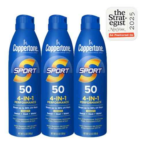 Coppertone Sport Sunscreen Spray SPF 50, Sweat, Heat and Water Resistant Sunblock, Lightweight, Oxybenzone Free, Spray Sunscreen Bulk Pack, 5.5 Oz Bottle, Pack of 3 (Packaging May Vary)