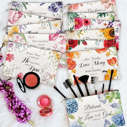 24PCS Christian Canvas Makeup Bags Bulk Inspirational Cosmetic Bags for Women Bible Verse Canvas Zipper Pouch Bulk Religious Makeup Organizer Bags Christian Gifts for Women(Flower)