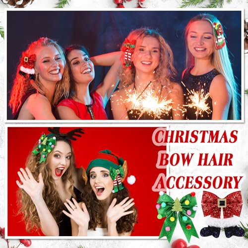 8 Pack Christmas Hair Clips for Women Glitter Sequins Red and Green Christmas Bow Clips Xmas Glitter Hair Accessories Deer Antler Headdress Cute Xmas Party Gifts for Women (Mixed Style)