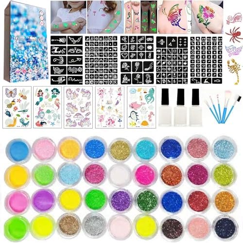 Temporary Glitter Tattoos Kit for Kids, 30 Large Glitter Colors & 6 Fluorescent Colors, 187 Stencils, Body Glitter Nail Art Glow in Dark Tattoo, Body Glitter Festival Party with 5 Brushes 3 Glue