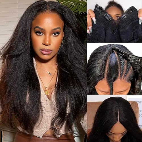 V Part Wig Human Hair Kinky Straight Human Hair Wigs Upgrade U Part Human Hair Wig for Women No Leave Out No Sew In 200% Density Natural Color 22 Inch