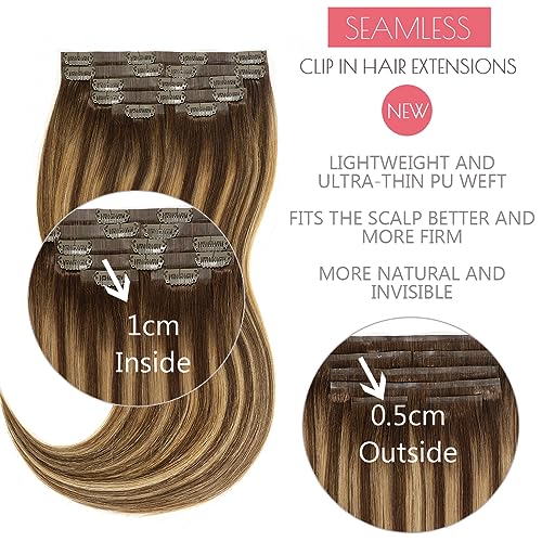 Loxxy Seamless Extensions Clip in Human Hair 20inch 110G 7Pcs Chocolate Brown to Caramel Blonde With Brown Roots Thick Blonde Natural Remy Real Hair Extensions Clip in Human Hair Invisible Tape Weft