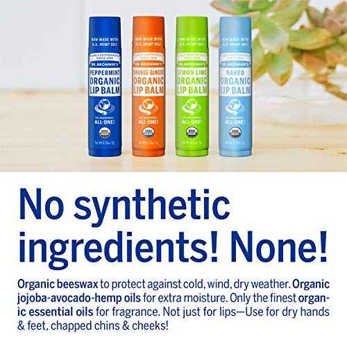 Dr. Bronner's - Organic Lip Balm Variety Peppermint, Orange Ginger, Naked, Lemon Lime) - Made with Organic Beeswax and Avocado Oil, For Dry Lips, Hands, Chin or Cheeks, 0.15 Ounce (Pack of 4)