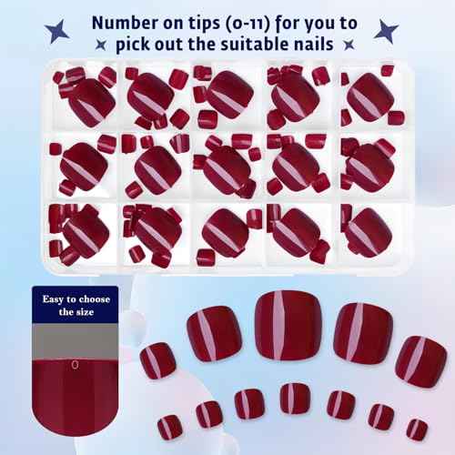 Press on Toenails Short Square Burgundy Fake Toenail Glue ons Glossy Acrylic False Toe Press on Nails Artificial Toe Nail Tips for Women Girls,180Pcs