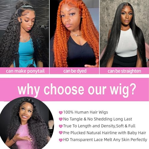 Deep Wave Lace Front Wigs Human Hair 200 Density 13x6 HD Transparent Lace Front Wigs for Women Pre Plucked Deep Curly Lace Frontal Wig Human Hair Glueless Wigs Natural Black 26 Inch