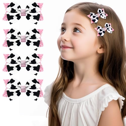 4Pcs Hair Bow Clips Cute Cow Print Hair Accessories for Women Girls Cow Print Birthday Party Ribbon Hair Decoration Gift Cowgirl Princess Cow Hair Barrettes for Little Kids Teens
