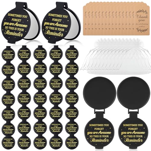 Geetery 50 Set 2.36 Inch Inspirational Compact Mirror Bulk Employee Appreciation Gifts Round Pocket Makeup Mirror with Thank You Tag and Organza Bag for Christmas Women Coworker Wedding(Black)