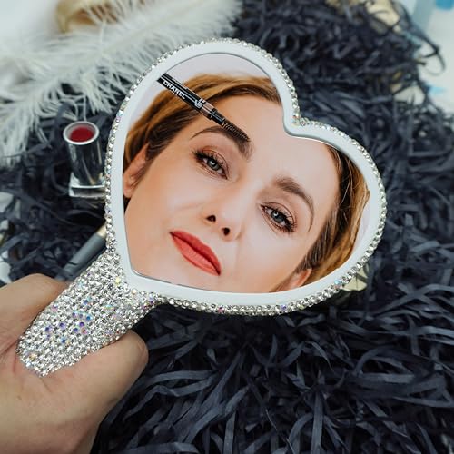 Large Rhinestone Handheld Mirror Heart Bling Glitter Cosmetic Dazzling Portable Hand Mirrors with Handle for Women Wedding Silver White