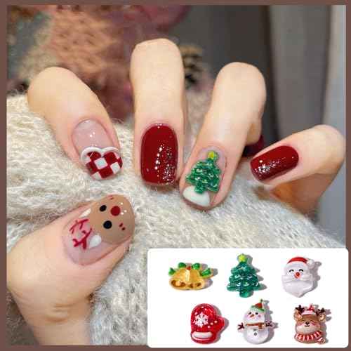 60pcs 3D Cartoon Christmas Nail Charms, Cute Elk Snowman Christmas Nail Art Charms Santa Claus Nail Charm Xmas Tree Gloves Christmas Bells Resin Charms for Nails Kawaii Nail Charms Nail Accessories
