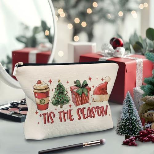 Tis the Season Christmas Makeup Bag, Red Santa Hat Gift Box Cocoa Christmas Tree Cosmetic Bags with Zipper for Women's Gifts