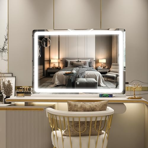 ROLOVE Vanity Mirror with Lights, 32" x 22" Large Lighted Vanity Mirror with Dimmable 3 Modes, LED Makeup Mirror, Touch Screen Control, USB Charging Port, Tabletop or Wall-Mounted