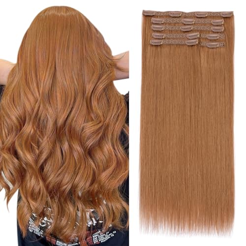 Elailite Clip in Hair Extensions Real Human Hair, Remy Hairpieces for Women, 7PCS Lace Weft Full Head, 16 Inch 110g Light Auburn