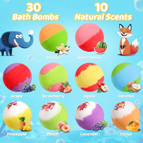 30 Bath Bombs for Kids with Toys Inside, Kids Bath Bombs Gift Set with 30 Sea & Land & Sky Animal Surprise Toy, Bubble Bath Toys, Christmas Gifts for Girls Boys, Stocking Stuffers