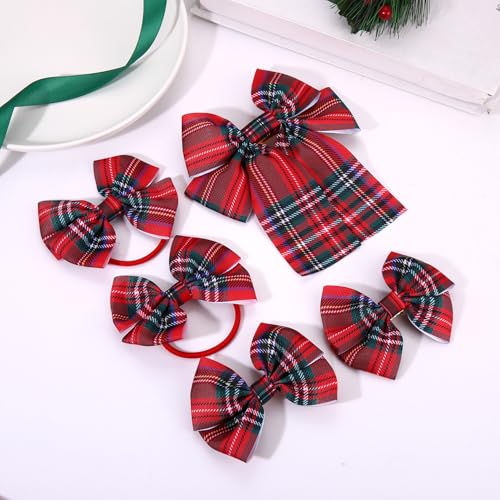 14PCS Christmas Headband Hair Bows for Women Girls Red Plaid Hair Clips Red Green Xmas Hair Ties Holiday Hair Accessories Christmas Party Gifts