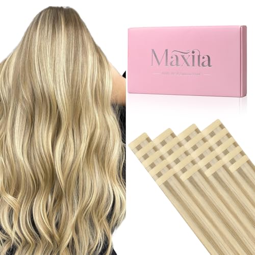 MAXITA Tape in Hair Extensions Human Hair, Balayage Light Blonde Highlighted Golden Blonde Grey Tone 24Inch 50g 20pcs, Thick Ends Straight Seamless Tape ins, Invisible Hair Extensions Real Human Hair