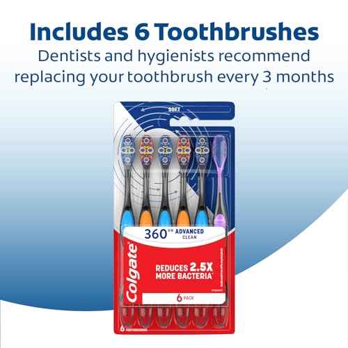 Colgate 360 Advanced Clean Adult Soft Toothbrush Pack, 6 Soft Bristled Toothbrushes with Cheek and Tongue Cleaner, Helps Clean Your Teeth, Tongue, Cheeks, and Gums, 6 Pack