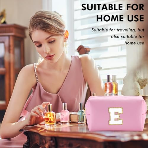 Initial Makeup Bag for Women Travel Small Cosmetic Bag Cute Pink Personalized Preppy Makeup Pouch for Purse Zippered Toiletry Organizer PU Leather Makeup Bag Makeup Case for Christmas£¨E£©