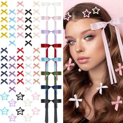 68 Pcs Mini Hair Bows for Women Star Clips Y2k Hair Accessories for Women Mini Bow Cute Star Clip Colorful Long Tail Ribbon Bows Barrettes Pins Metal for Hairstyle Accessory Gift