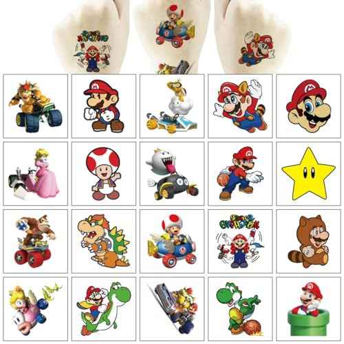 40Sheets Cartoon Mario Temporary Tattoos for Kids Birthday Party Favors Cute Mario Decoration Sticker Gifts for Girl Boys Home Activity Class Prizes Carnival Christmas Rewards