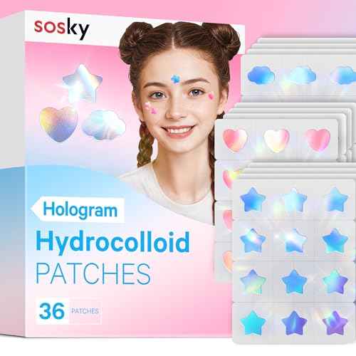 Sosky Hologram Pimple Patches for Face, Hydrocolloid Acne Patches with Salicylic Acid, Cute Star Zit Stickers,Colorful Blemish Covers,36 Count Blue Pink Star Heart Cloud