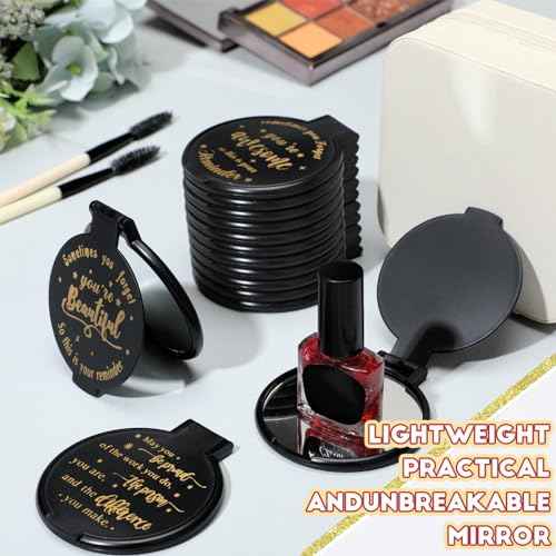Wenqik 100 Pcs Inspirational Mini Compact Mirror for Purse Women Small Gifts Bulk, Round Makeup Folding Mirror, Thank You Gift Bag Stuffer Items, Christmas for Coworker Employee Staff (Black)