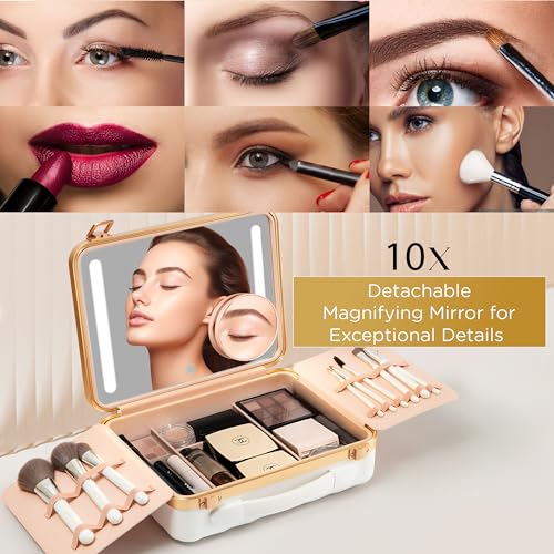 Lighted Makeup Case with Mirror - Portable Travel Makeup Organizer with LED Mirror, 3 Light Settings, Rechargeable Makeup Bag with Mirror and Light - Mini 10x Mirror included