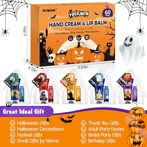 60 Pack Halloween Hand Cream and Lip Balm Set for Women, Bulk Hand Lotion for Halloween Gifts, Halloween Party Favors, Party Supplies, Decorations, Goodie Bags with Halloween Card and Organza Bags
