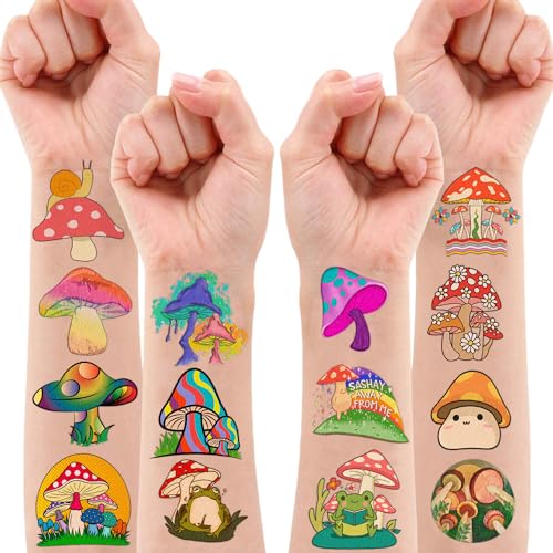 96 PCS Mushroom Temporary Tattoos Mushroom Veggie Theme Birthday Party Decorations Favors Supplies Decor Trippy Cute Stickers Gifts for Boys Girls Kids Class School Prizes Carnival Halloween Christmas