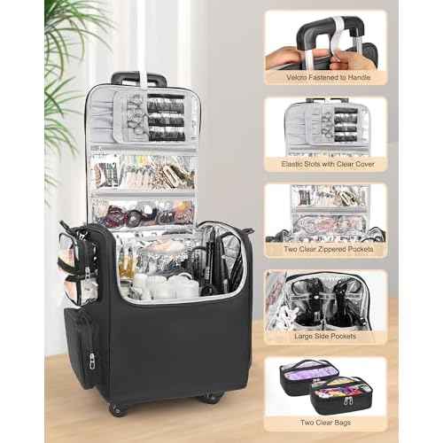 Relavel Rolling Makeup Train Case, Hairstylist Traveling Bag with 4 Wheels, Heat Insulation Full Layer, Adjustable Dividers, Hair Tools and Cosmetics Storage Organizer Trolley Suitcase Makeup Cart