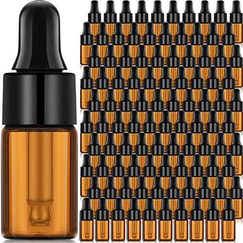 Nuogo 100 Pcs Amber Glass Mini Dropper Bottles Essential Oil Dropping Small Empty Sample Vial with Dropper and Black Caps Tiny Amber Glass Bottles Perfume Jars for Travel(3 ml)