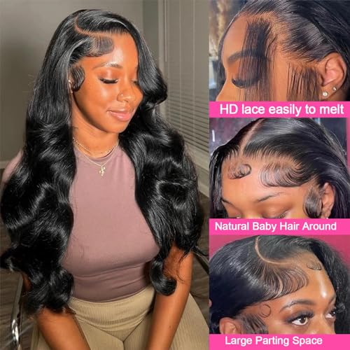 24 Inch Body Wave Lace Front Wigs Human Hair Pre Plucked 200 Density 13x4 HD Lace Frontal Wigs for Women Natural Black