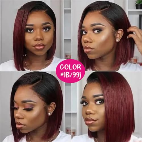 1B Burgundy Bob Wig Human Hair, 13x4 Frontal Lace Wig Short Straight Bob Wigs for Women Human Hair Pre Plucked Natural Hairline Ombre Burgundy Wig 14inch