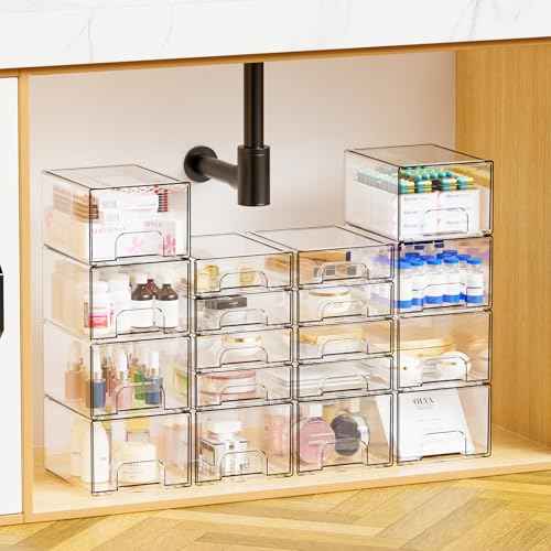 Yieach 4 Pack Clear Stackable Storage Drawers,4.4'' Tall Acrylic Drawer Containers for Organizing,Bathroom Organizers and Storage Bin Box,Plastic Makeup,Medicine Organizer Bins for Cabinet,Undersink